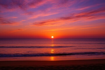 Fototapeta premium As the sun dips below the horizon, the sea sparkles under a vibrant sky filled with warm hues and gentle colors, creating a peaceful atmosphere.