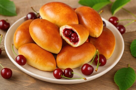 Delicious homemade pasties topped with a cherry, served on a plate from a close-up perspective - Powered by Adobe