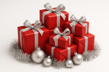 Pile of festive red presents adorned with shiny ornaments and sparkling tinsel on a white backdrop