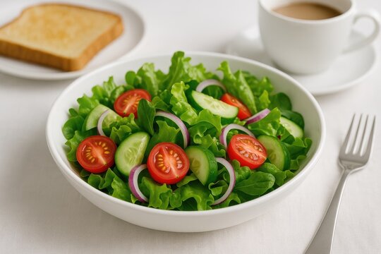 A nutritious morning meal featuring a colorful vegetable salad on a dining table