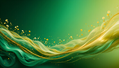 Abstract green background with flowing golden lines and small yellow flowers scattered around them