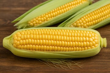 Close-up of mature corn kernels on an ear with a wooden surface background