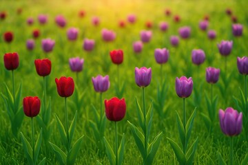 Fototapeta premium Springtime bloom featuring vibrant crimson and violet tulips with unique decorative colors in a lush green setting
