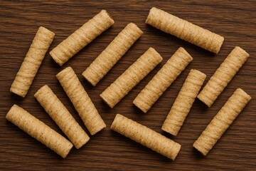 Close-up of a crunchy beige hazelnut rolled wafer on a wooden surface in a flat lay style
