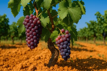 Vibrant red and pink wine grape vines thriving on ochre mineral-rich terrain during the latest harvest