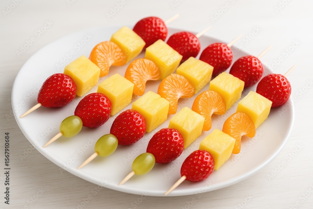 Poster assorted fresh fruit skewers served on a plate atop a table