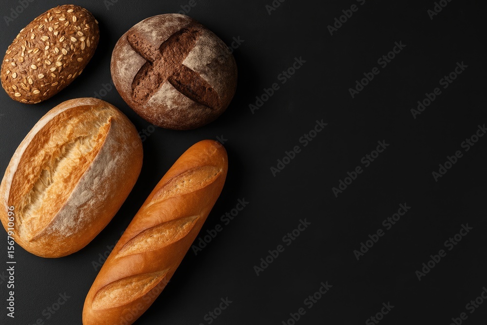 Aufkleber assorted freshly baked wheat and rye loaves displayed on a dark surface from a top perspective with 