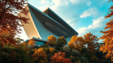 Modern Architecture in Autumnal Splendor: The majestic lines of a contemporary architectural marvel stand tall amidst the vibrant colors of autumn foliage under a brilliant blue sky.
