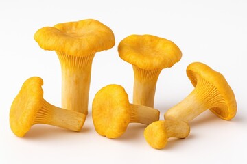 Vivid yellow chanterelle mushrooms on a plain white backdrop