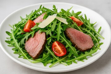 Fototapeta premium Vibrant and nutritious beef salad with fresh arugula and Parmesan cheese