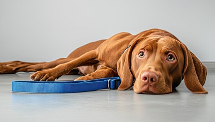 A beautiful vizsla dog lying down looking at the camera with leash, portraying its endearing expression, studio shot, domestic pet