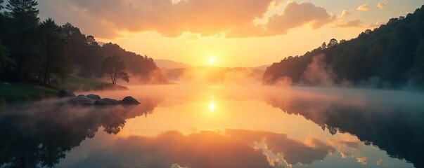 Serene Sunrise over Tranquil Lake Golden Light Reflecting on Misty Water, Evoking Peace and Spiritual Awakening