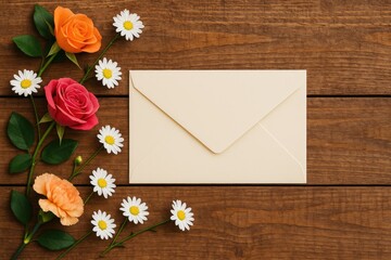 Floral arrangement and letter on a rustic wooden surface