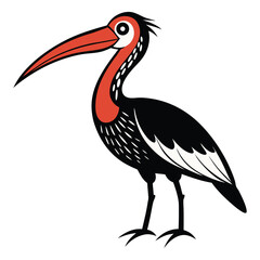 Obraz premium A bold, graphic illustration of a standing ibis, featuring a distinctive red neck and long, curved beak against a dark body. Ideal for various design projects.
