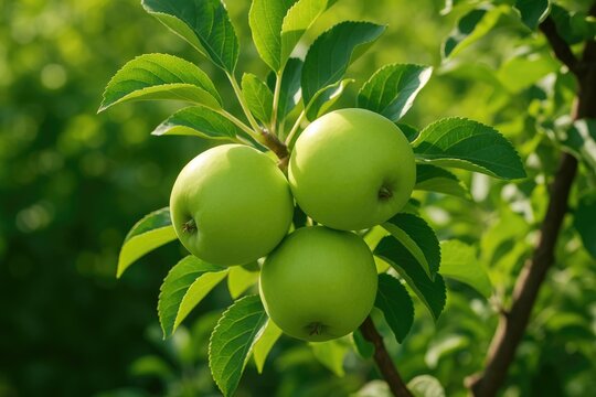 Green apples develop and mature on an apple tree under the sunlight