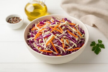 Vibrant cabbage and carrot coleslaw served in a bowl, featuring red and white varieties on a rustic wooden surface with a shallow depth of field.