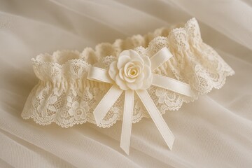 Elegant ivory wedding garter paired with a veil