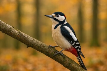 Fototapeta premium Autumn scene featuring a colorful woodpecker perched on a tree limb in a lush forest