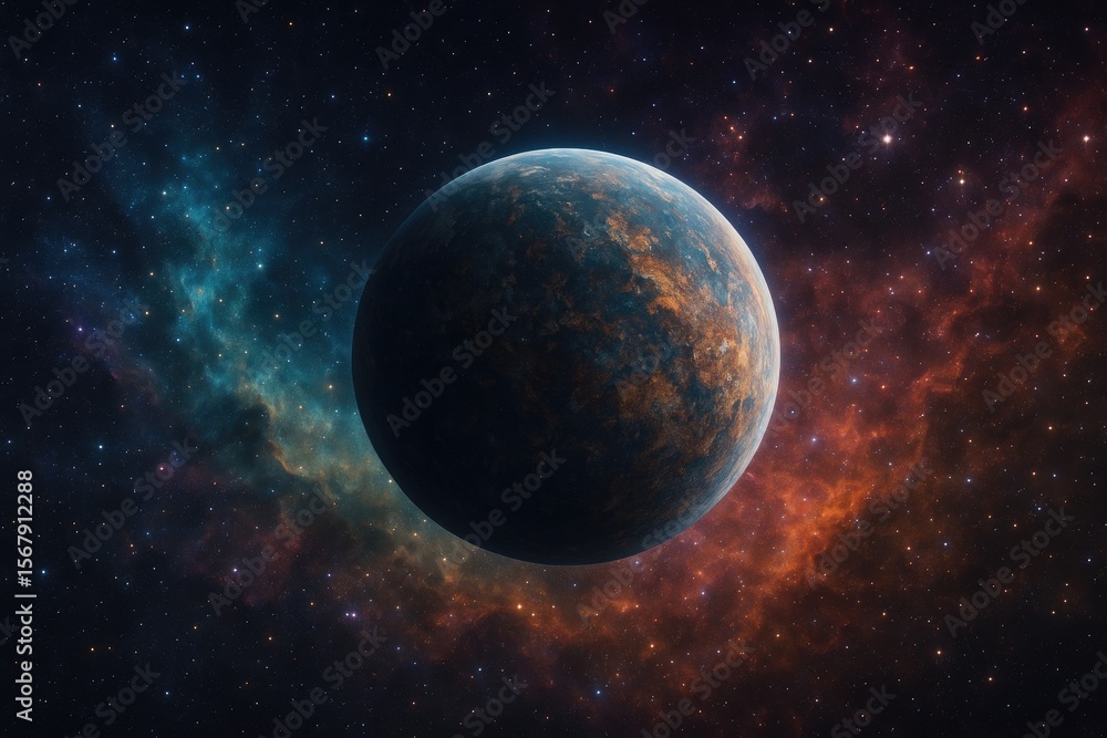 Poster vivid nebula and distant planets in the vast universe with sparkling stars. abstract cosmic scenery.