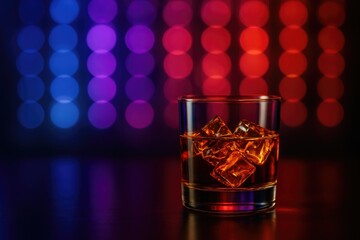 Alcoholic beverage on vibrant dance floor scene, festive mood, blank space for text