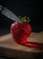 Close-up of a glossy fresh strawberry on a rustic wooden board, with a metal knife blade entering the fruit, fresh produce, or dynamic food photography.