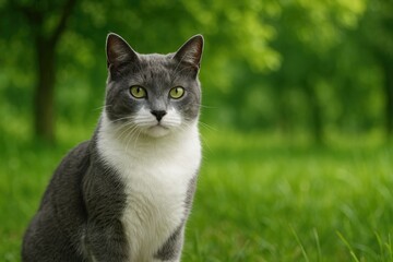 Obraz premium A feline with gray and white fur resting on a verdant background. Wildlife, Egyptian-inspired.