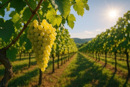 Vineyard scene with sunlight shining on grape clusters