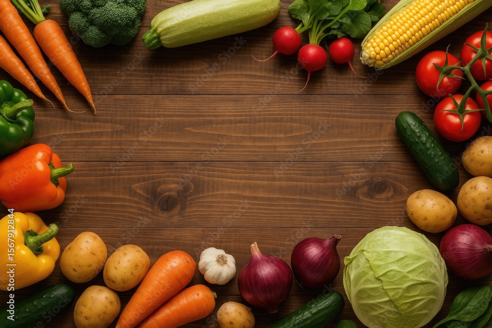 Poster fresh produce displayed on a rustic wooden surface with room for customization