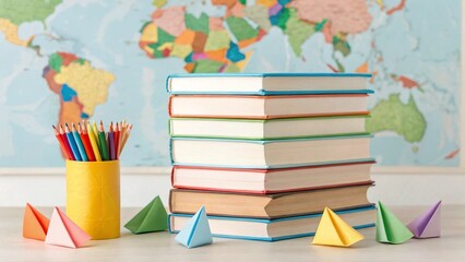 Fototapeta premium This vibrant image features a pile of academic books, a holder of bright pencils, and delicate paper boats, all set before a world map, representing the journey of knowledge