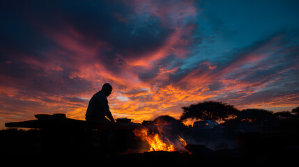 African Sunset Silhouette Braai, Open Fire BBQ, Wilderness, South Africa, Silhouette Photography