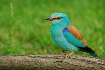 Obraz premium European roller perched on a fallen log