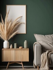 Wood side table, vase with pampas grass twigs near blank mockup poster frame