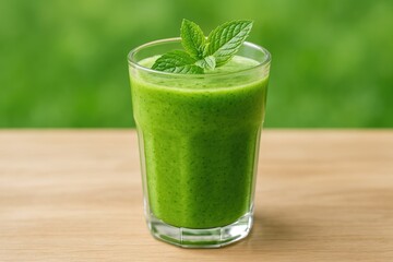 Close-up of a vibrant green juice garnished with mint leaves