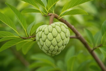 Fototapeta premium Vibrant green sugar apple hanging from a branch