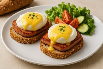 Delicious Eggs Benedict served with crispy Pan-Fried Pork and Whole Grain Toast