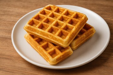 Close-up of freshly baked waffles on a wooden surface