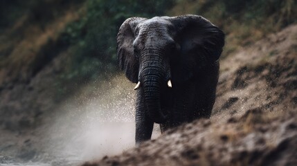 Obraz premium Elephant spraying water near a muddy riverbank