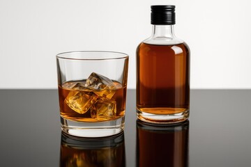 Relaxing moment with a glass of whiskey and bottle on a dark table reflecting tranquility