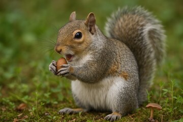 Grey squirrel foraging for snacks in the wild
