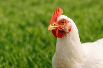 Fototapeta premium A inquisitive chicken's head grazing on a farm