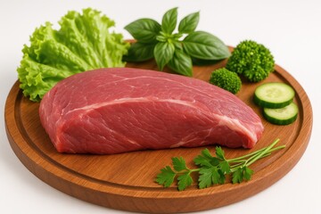 Fototapeta premium Fresh raw beef and lamb fillets prepared for cooking with herbs on a wooden platter