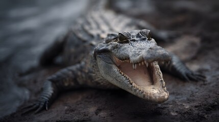 Obraz premium Crocodile with open mouth resting on riverbank