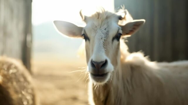 White goat with brown ears moves and looks around wooden farm enclosure showing natural animal behavior and curiosity while exploring rustic barnyard environment with hay and rural setting