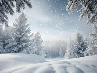 Obraz premium Snowfall in winter forest.Beautiful landscape with snow covered fir trees and snowdrifts.Merry Christmas and happy New Year greeting background with copy-space.Winter fairytale.