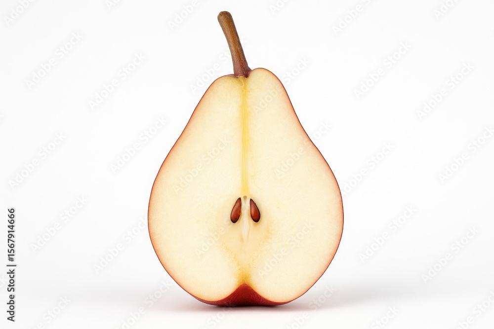 Poster red pear cut in half on a white background with a clipping mask for easy isolation, showcasing full 