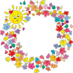 Cartoony frame border with colorful autumn leaves and cute smiling Sun, vector illustration on a white background