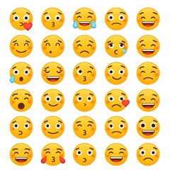 Naklejka premium Collection of Cute Emoji Faces with Various Expressions on White Background