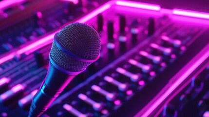Close-up Shot of Microphone and Audio Mixer with Neon Lights Display