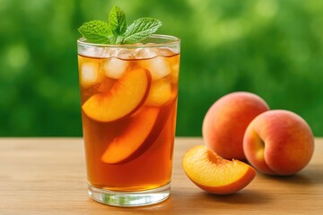 Fototapeta premium Refreshing chilled peach-flavored iced beverage in a glass