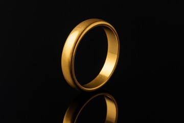 Elegant gold wedding band resting on dark glass surface